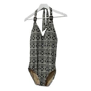 Lands' End Swim Womens 12 One Piece Halter Geo Print Tummy Slimming Black Ivory